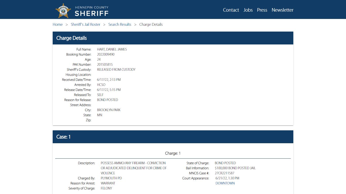 Jail Roster | Hennepin County